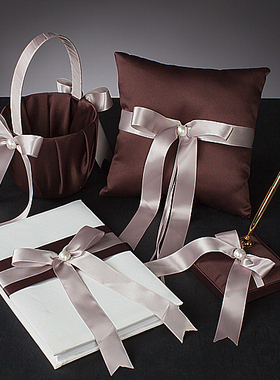 经典棕色珍珠花结结婚用品套装 欧美新娘配饰戒托花篮宾客签到簿