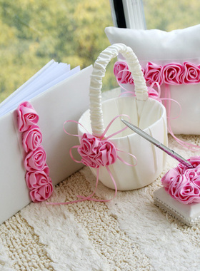 欧美婚庆用品婚礼新娘戒托韩式粉玫瑰结婚花篮嘉宾签到本签字笔