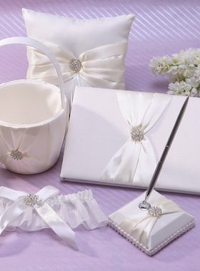 结婚婚庆用品西式教堂钻饰米白欧式婚礼签到笔戒指枕花篮袜带组合