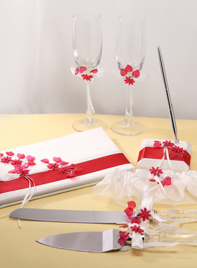 欧美结婚用品酒红亚克力叶子花结婚礼蛋糕刀铲交杯酒杯宾客签名簿