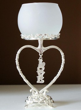 欧式家居摆件水钻LOVE镀银金属爱心蜡烛台 高角磨砂玻璃烛杯