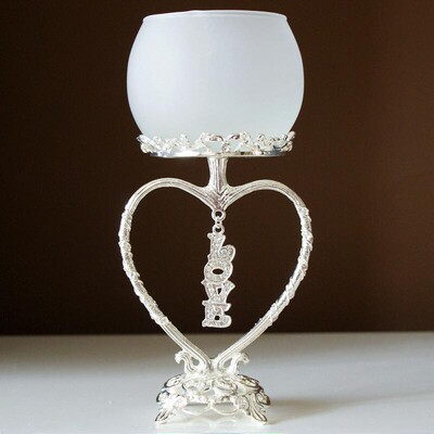 欧式家居摆件水钻LOVE镀银金属爱心蜡烛台 高角磨砂玻璃烛杯