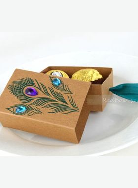 创意婚礼孔雀羽毛彩钻复古牛皮纸糖果盒结婚喜糖盒子纸盒抽屉盒