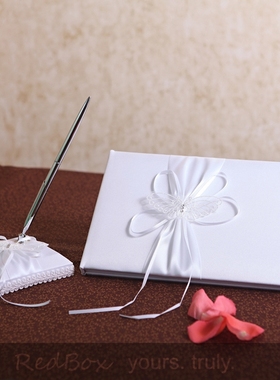 RedBox婚庆用品 蕾丝蝴蝶结婚嘉宾签名册签到本签字笔座 婚礼用品