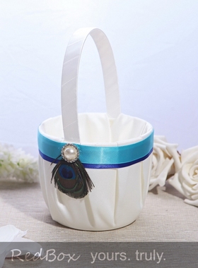 RedBox结婚仪式用品婚礼用品小花童篮 彩色孔雀羽毛小花瓣篮 白色