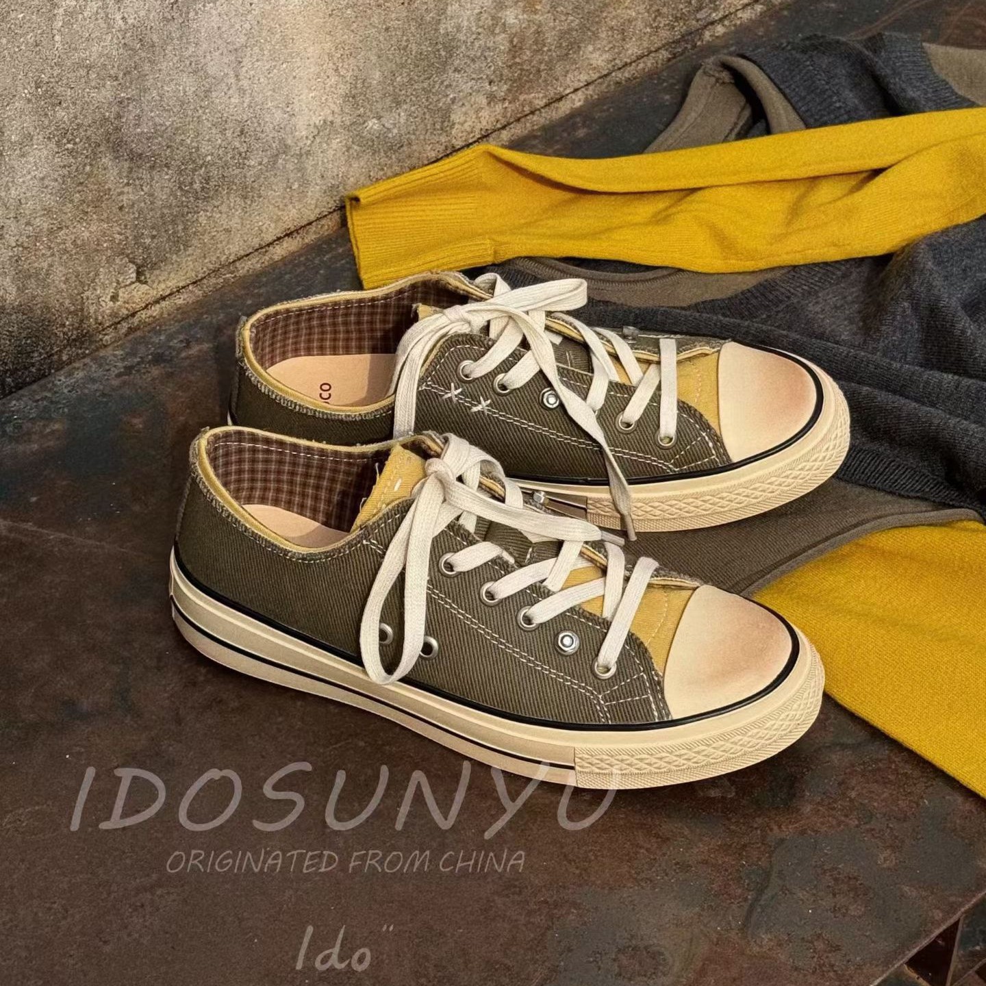 IDO/TT欧货女鞋2026春新款做旧擦色帆布拼色圆头系带平底休闲板鞋,女鞋,帆布鞋,淘宝优惠券,粉丝福利购,淘宝优惠卷