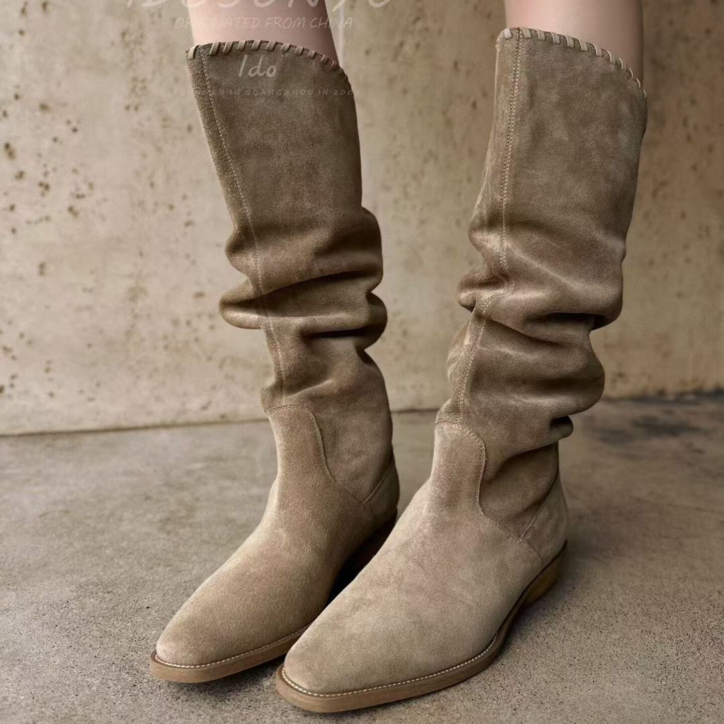 牛猄皮方头编织套筒中筒堆堆靴