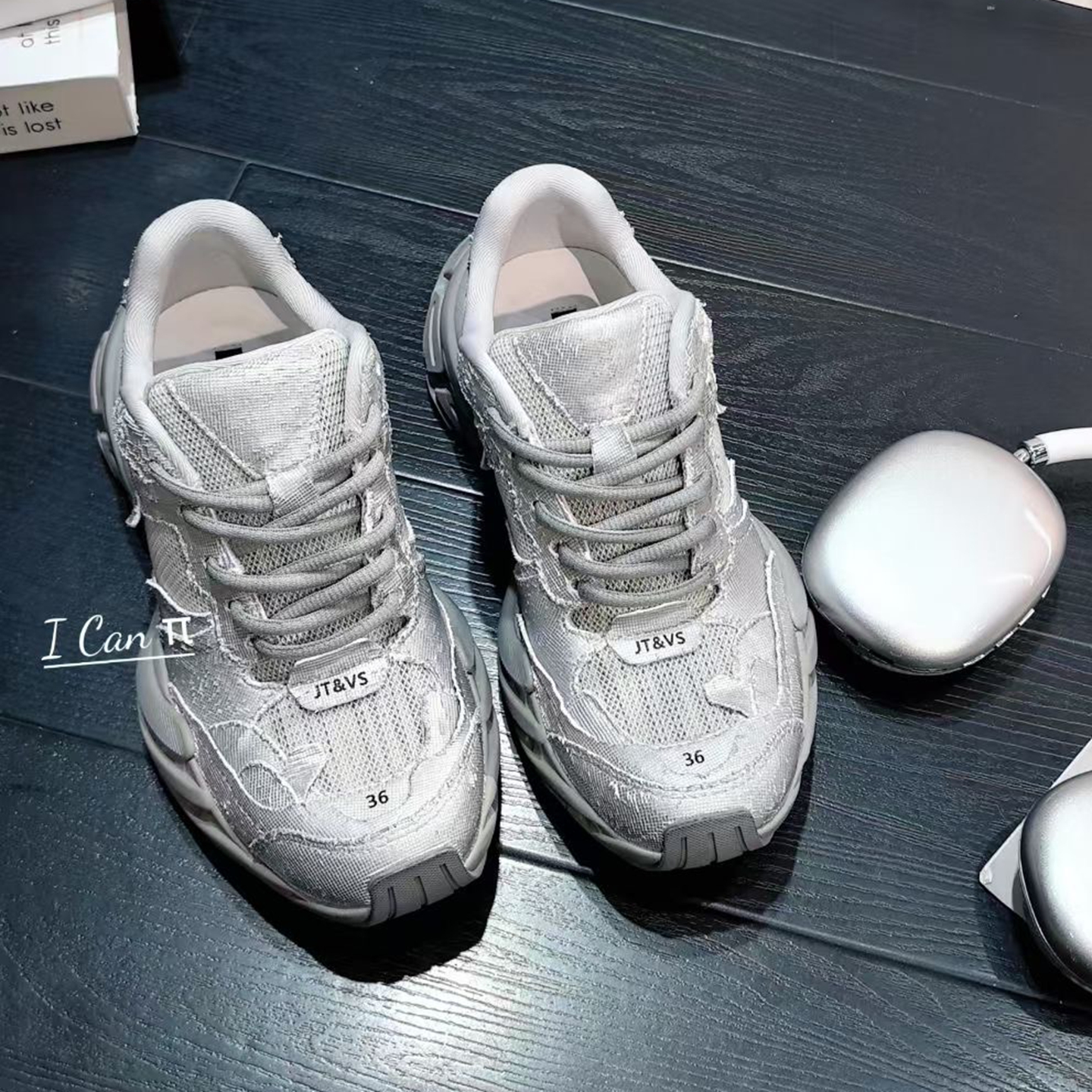 牛仔皮拼网圆头系带厚底休闲鞋