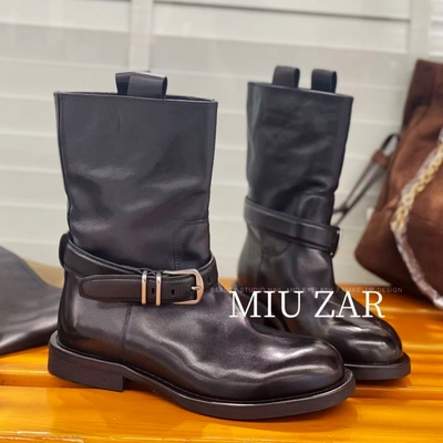 牛皮圆头皮带扣套筒休闲马丁靴