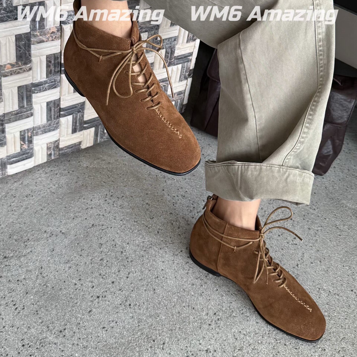 WM6欧货牛皮镂空系带平底短靴