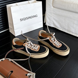 牛皮拼色帆布圆头系带平底休闲板鞋 斯淇斯丁欧货女鞋 2026早春新款