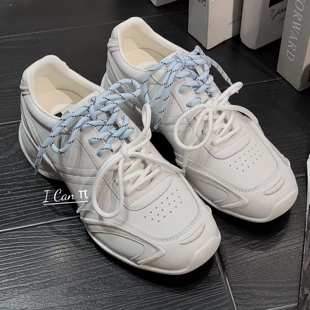 ICAN欧货女鞋2026年早春新款牛皮拼色圆头双色系带厚底运动休闲鞋