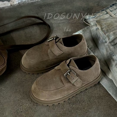 牛猄皮圆头皮带扣厚底休闲勃肯鞋