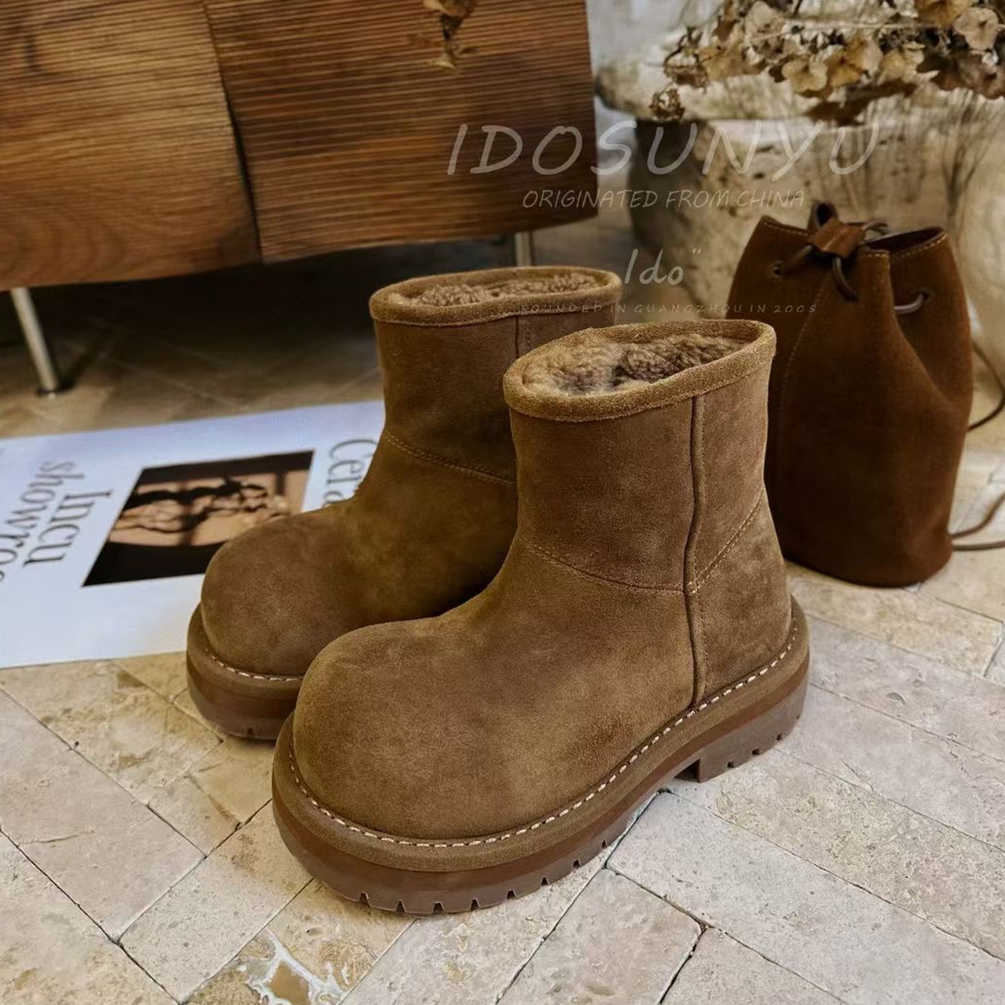 牛猄皮圆头套筒厚底休闲雪地靴