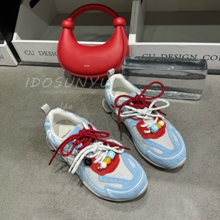 IDO/TT欧货女鞋2026早春新款牛猄拼色串珠圆头双色系带厚底休闲鞋