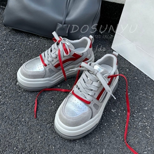 IDO/TT欧货女鞋2026早春新款牛猄拼色圆头系带松糕厚底时尚休闲鞋