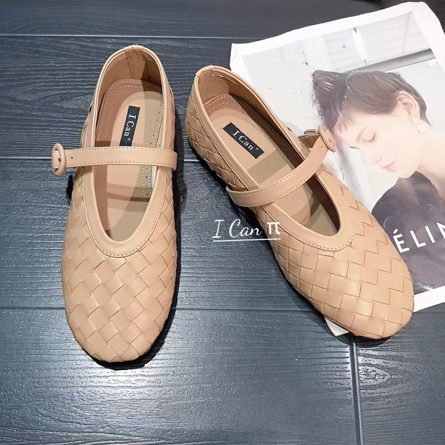 牛皮编织圆头脚环带玛丽珍单鞋