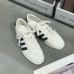 IDO/TT欧货女鞋2026早春新款牛皮拼色牛猄圆头系带平底休闲德训鞋