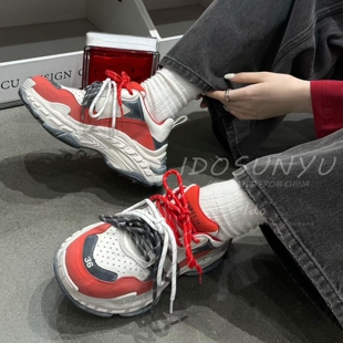 IDO/TT欧货女鞋2026早春新款牛皮拼色圆头多色系带厚底休闲老爹鞋