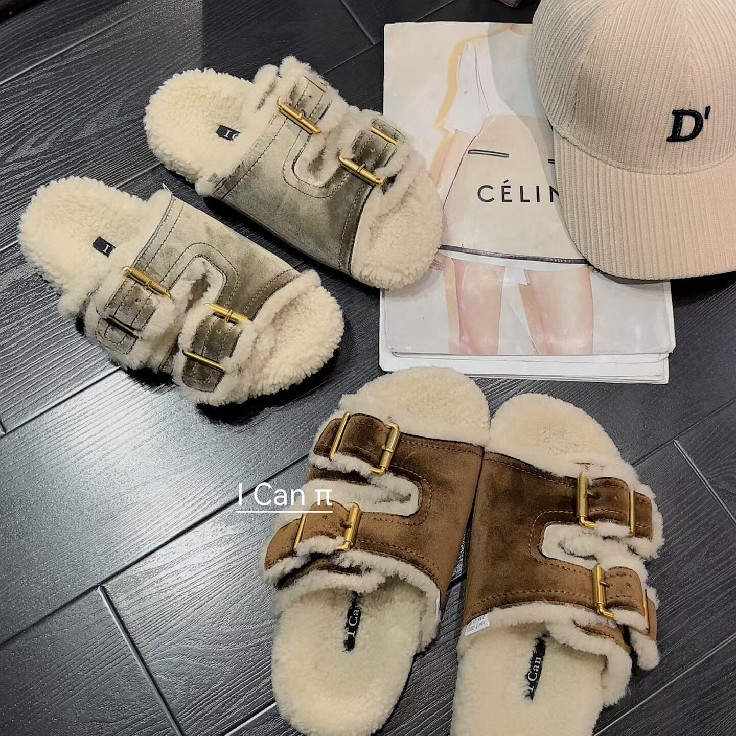 ICAN秋新丝绒拼色羊羔毛女拖鞋