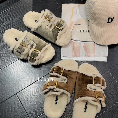 ICAN秋新丝绒拼色羊羔毛女拖鞋