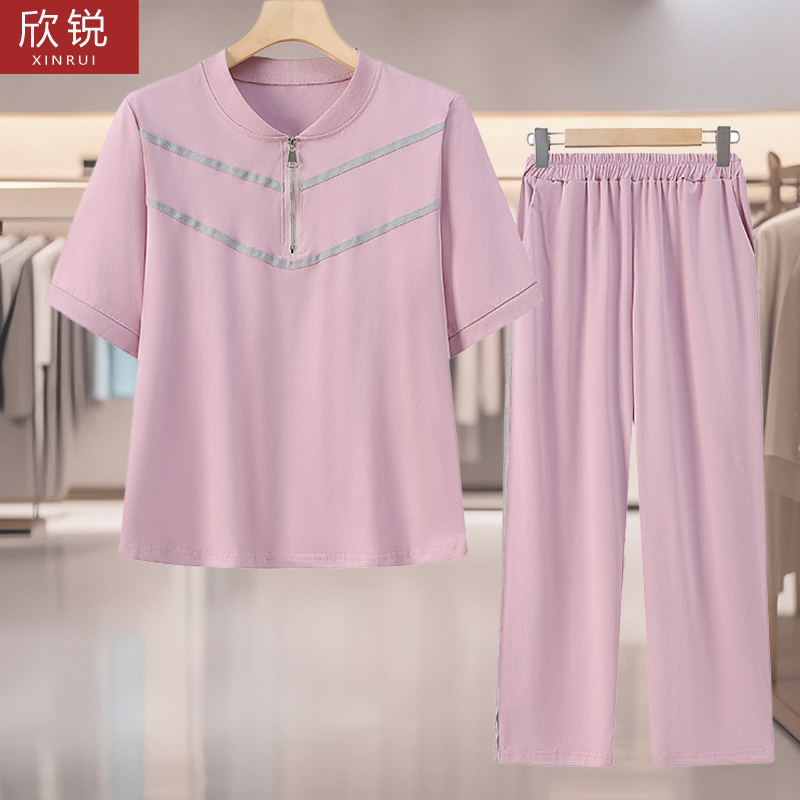 中年妈妈夏装全棉休闲运动套装女
