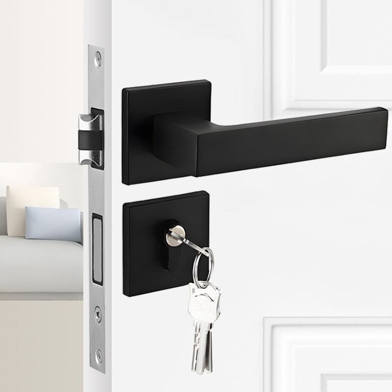 方形卧室静音房间内实木门锁磁吸黑色分体门锁把手方向通用型