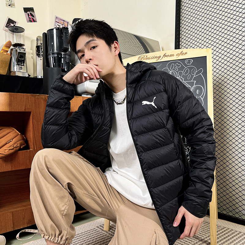 彪马正品男装冬季连帽轻薄羽绒服运动外套黑色夹克672393