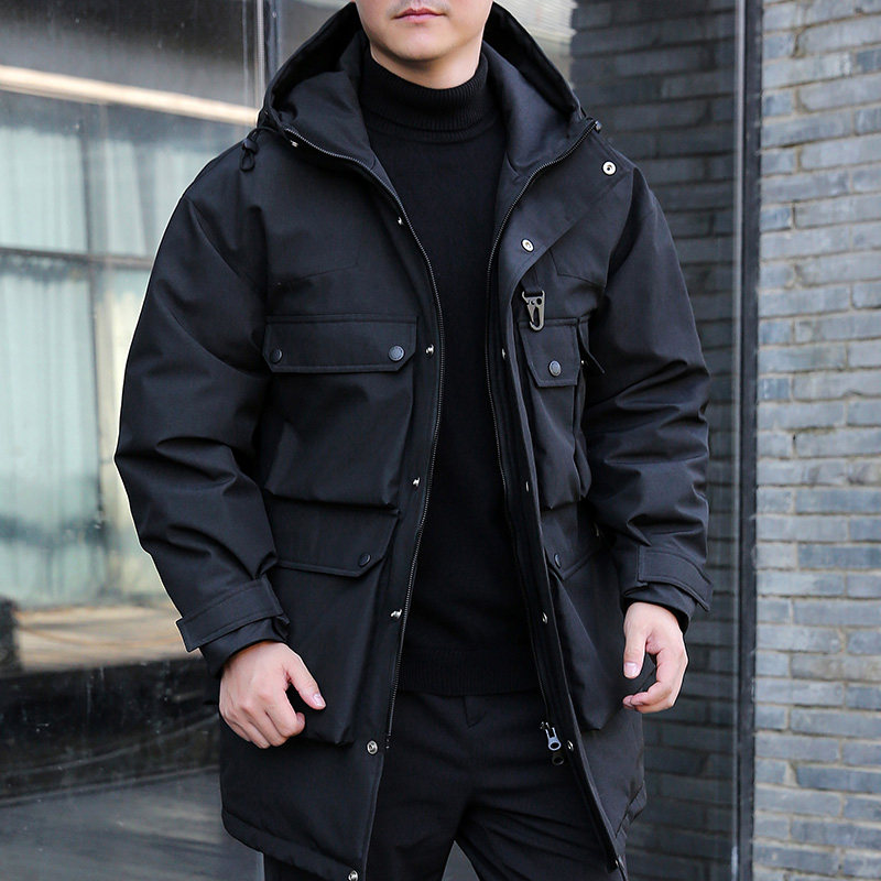 2025冬装连帽中长款羽绒服男加肥加大号防寒加厚保暖工装大衣外套
