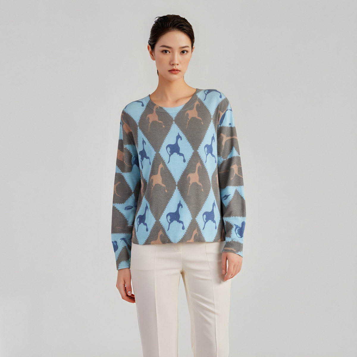 超细水溶羊毛圆领印花针织衫不扎