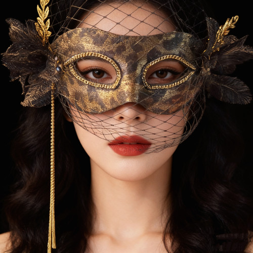 烫金性感豹纹面具半脸情侣镂空大网纱面纱舞会派对直播道具眼罩