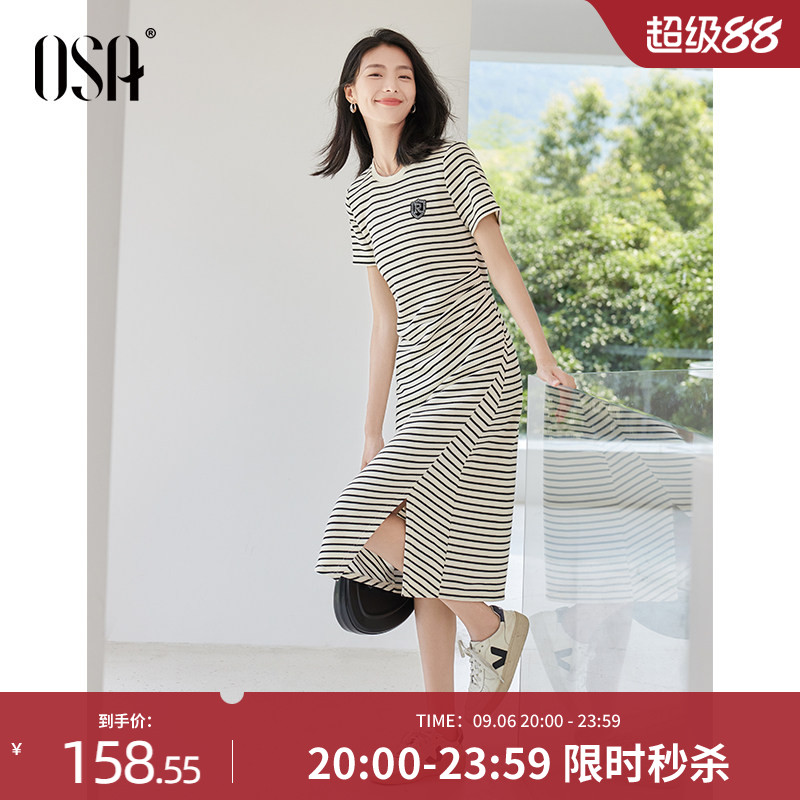 OSA捏褶设计感休闲条纹连衣裙图片