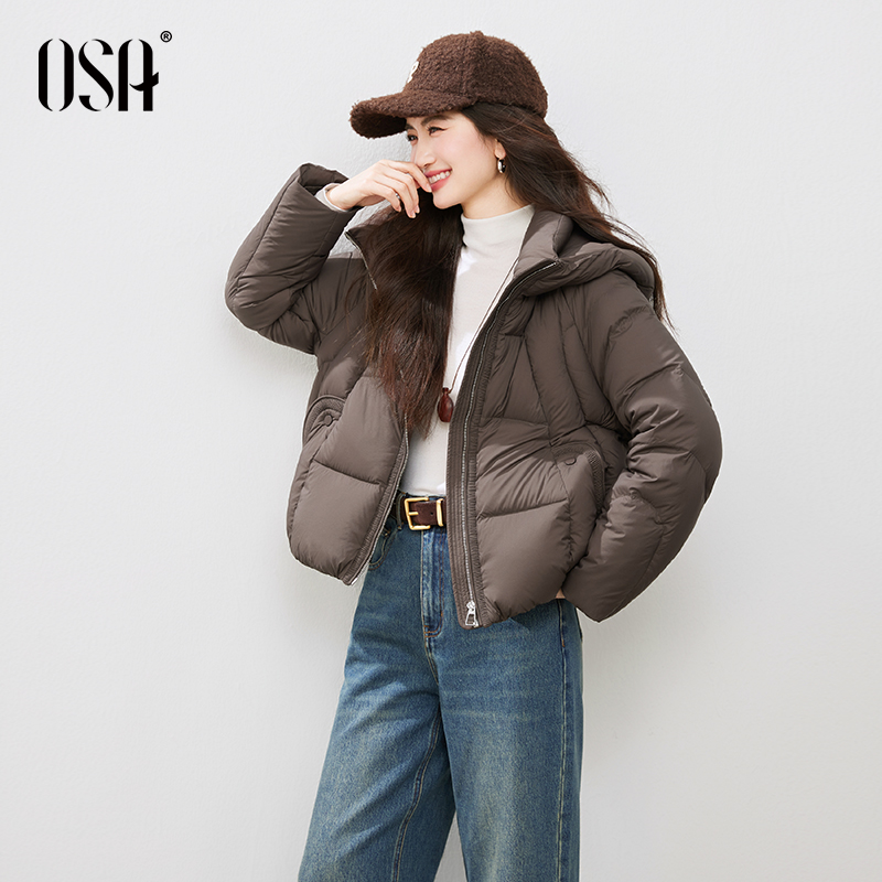 OSA欧莎连帽立领白鸭绒羽绒服女2025冬新款保暖宽松短外套面包服