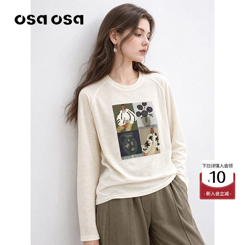 OSA法式艺术印花插肩袖T恤上衣图片
