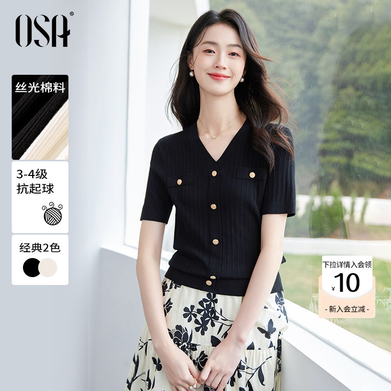 OSA黑色V领通勤修身显瘦针织衫图片