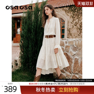 OSA欧莎荷叶边V领系带醋酸连衣裙女秋新款波西米亚风中长款蛋糕裙