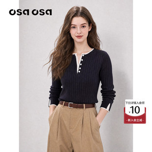 OSA欧莎假两件拼接针织衫女秋季新款通勤亨利领竖纹长袖套头毛衣