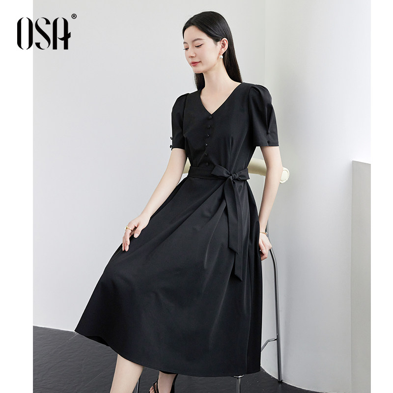 OSA欧莎V领黑色连衣裙女士短袖收腰显瘦泡泡袖长裙2025年夏季新款