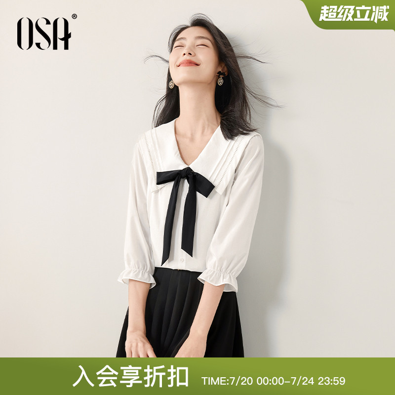 OSA撞色飘带方领七分袖衬衫