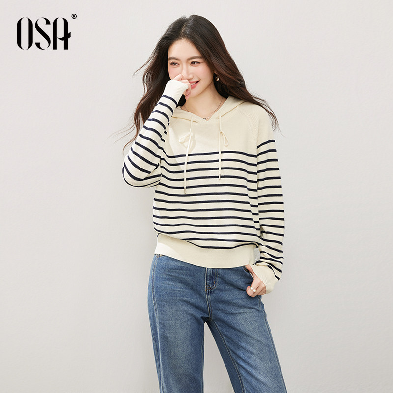 [新品]OSA欧莎连帽条纹毛衣2025秋季女装新款通勤百搭宽松针织衫