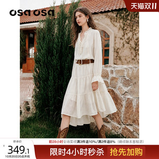 OSA欧莎荷叶边V领系带醋酸连衣裙女秋新款波西米亚风中长款蛋糕裙