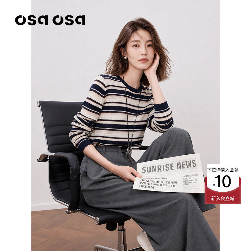 OSA复古撞色薄款条纹针织毛衫图片
