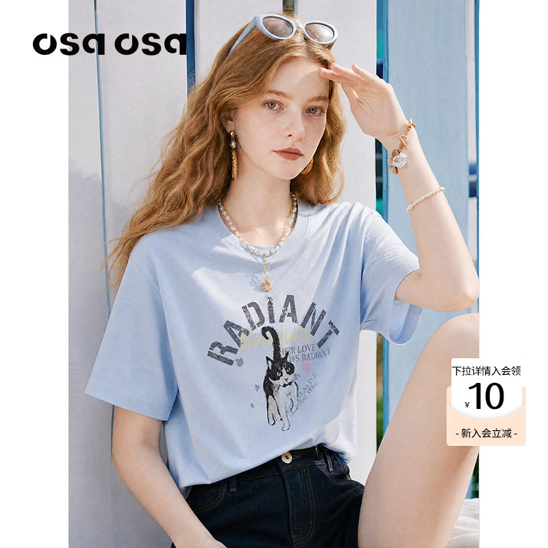OSA趣味猫咪印花短袖T恤上衣图片