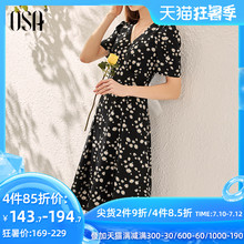 OSA法式复古小雏菊碎花连衣裙女夏季2020新款中长款黑色雪纺裙子