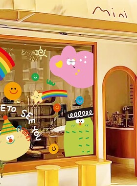 ins风网红店几何图形小怪兽插画贴纸店铺橱窗玻璃门贴静电装饰贴