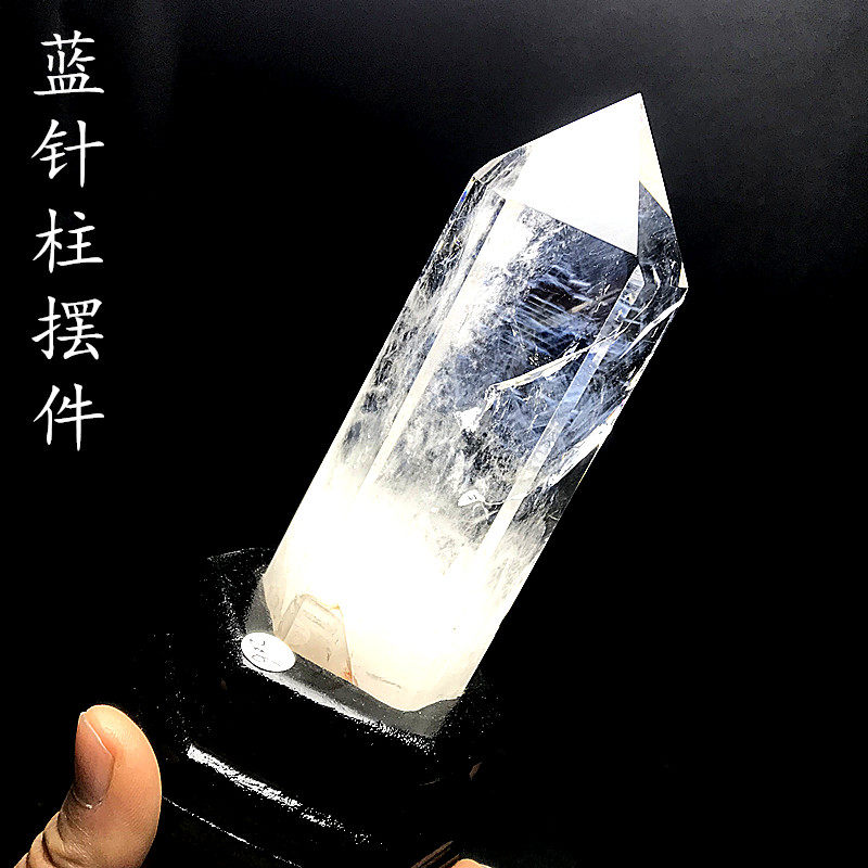 天然水晶六棱柱单尖激光蓝针天使羽毛原石消磁书房办公奇石摆件