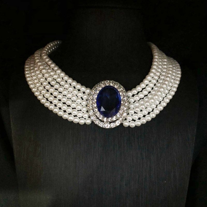 法式复古莱茵石镶嵌优雅蓝宝石颈链多层琉璃珍珠项链赫本风锁骨链