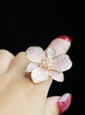 2025新款新品戒指夸张个性时尚立体花朵满钻锆石戒子指环