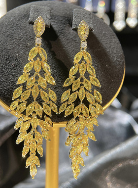 2025新款S925银针欧美气质耳钉黄色宝石长款树叶流苏耳环晚宴耳环