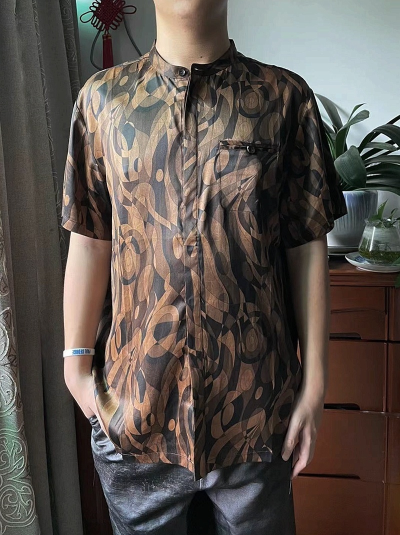 男装真丝香云纱缎面咖色短袖衬衫